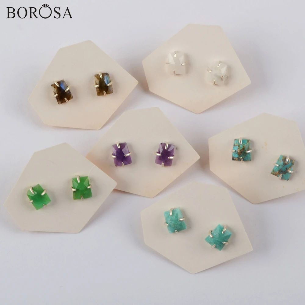 BOROSA 92.5% серебряные серьги медные бирюзовые гвоздики с кристаллами ювелирные
