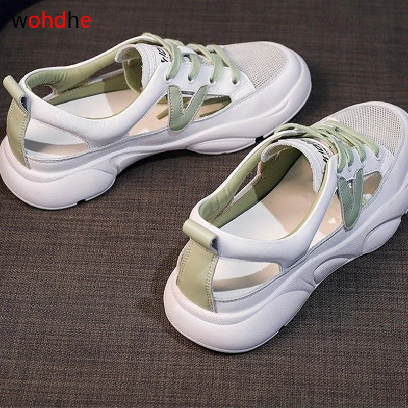 

wohdhe Summer Women Sneakers Flat Hollow Out Vulcanized shoes Breathable Mesh Light Walking SHoes 2020 White Tenis Feminino