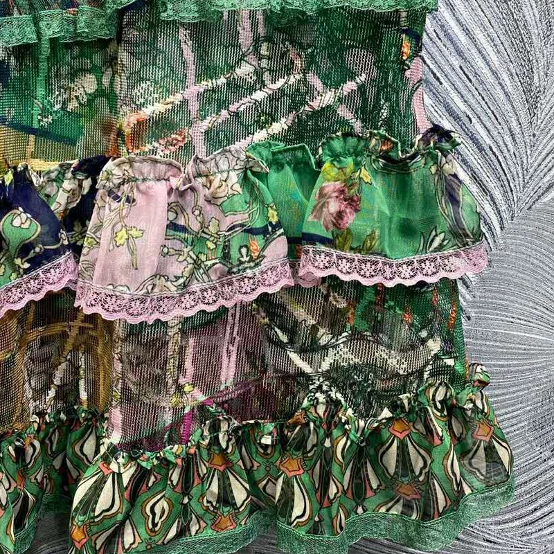 

SEQINYY Vintage Dress 2020 Summer Spring New Fashion Design Women Flowers Green Print Beading Ruffles Mesh Knee Dress Party