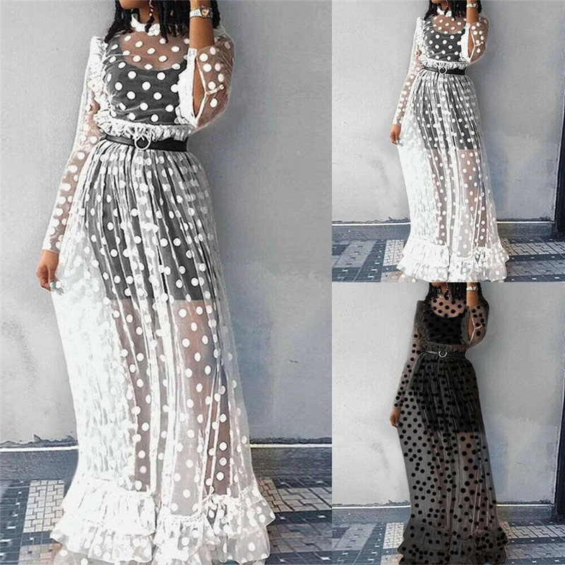 Женское сексуальное черное прозрачное Сетчатое Полупрозрачное платье макси из