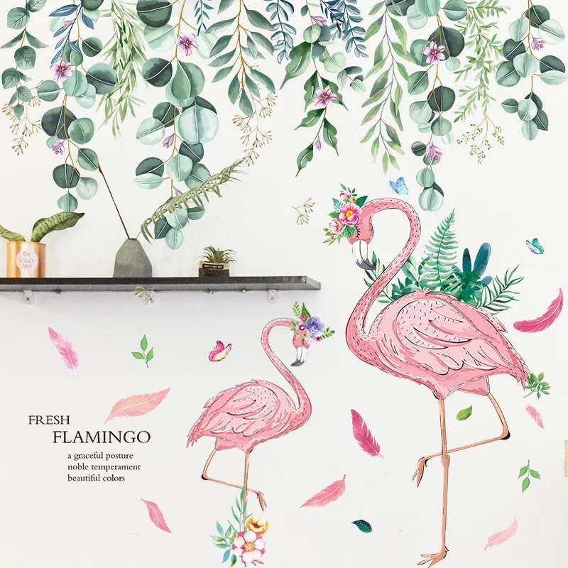 

[shijuekongjian] Pink Flamingo Animal Wall Stickers DIY Green Leaves Wall Decals for Kids Rooms Baby Bedroom Nursery Decoration