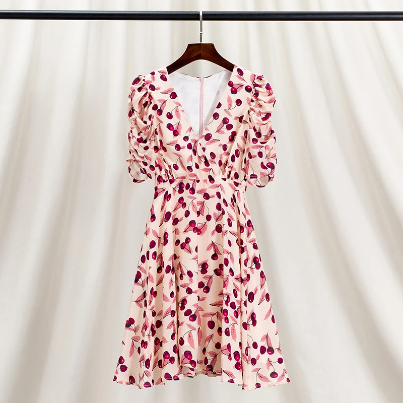 

New Women's Summer Silk V-Neck Waist Slimming Dress, Bubble Short-Sleeved Small Cherry Floral Clavicle Sweet Tea Break Skirt