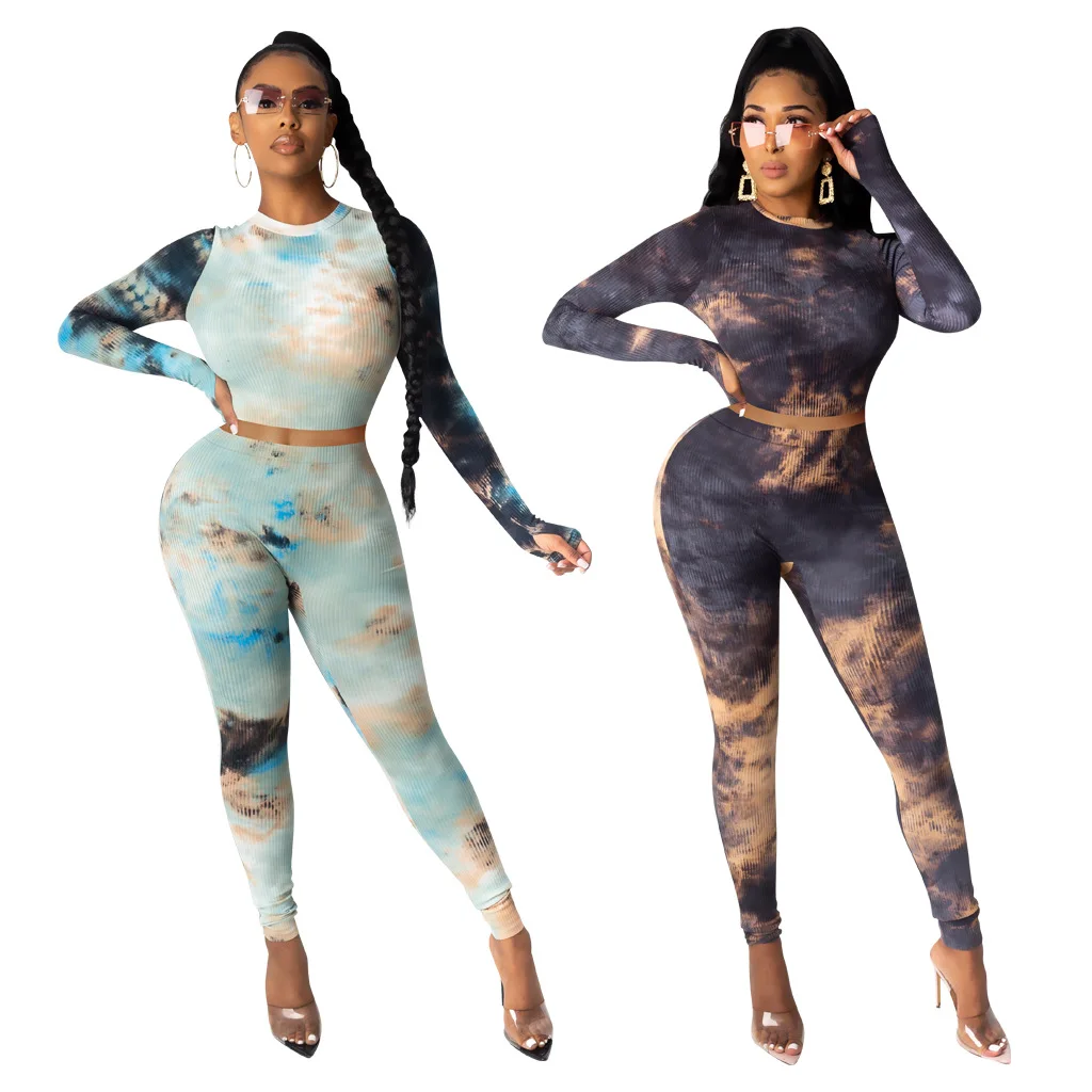 

444119 Autumn Winter Women Casual Fashion Tie-dyed Print Skinny Sports Two Piece Set Top and Pants Tracksuit Sweatsuit Outfits