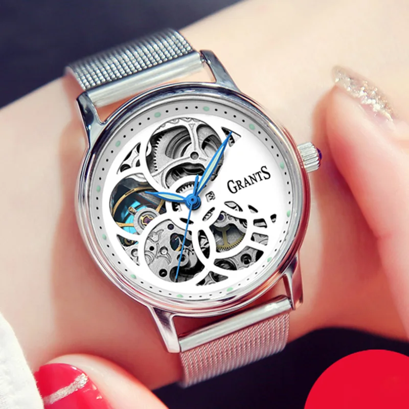 silver Новые женские механические часы лучший бренд Роскошные модные женские часы водонепроницаемые сапфировые автоматические часы reloj mujer - Цвет: silver
