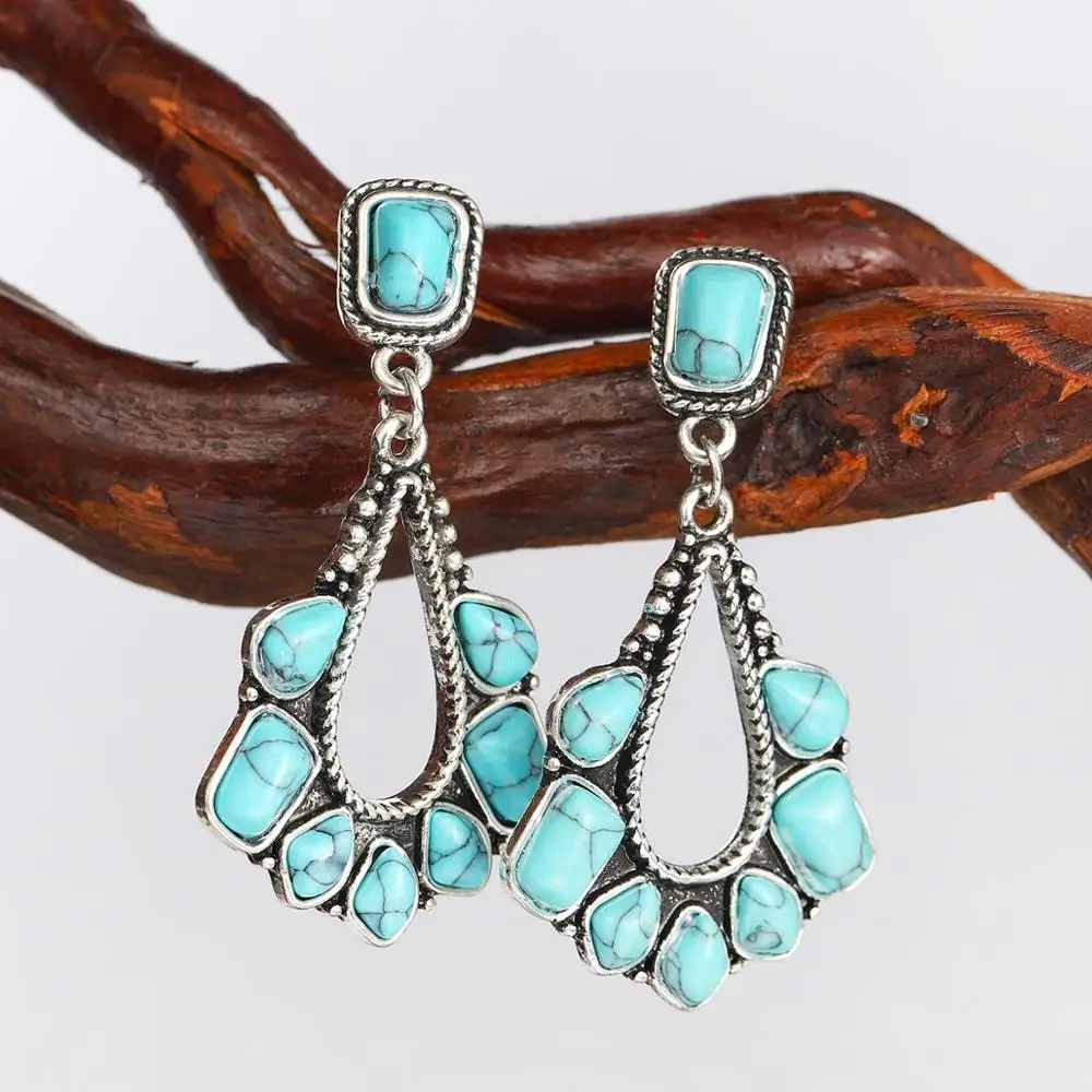 

Vintage Marquise Blue Stone Dangle Earrings for Women Antique Silver Color Ethnic Bohemian Jewelry Tibetan Turquoises Earrings