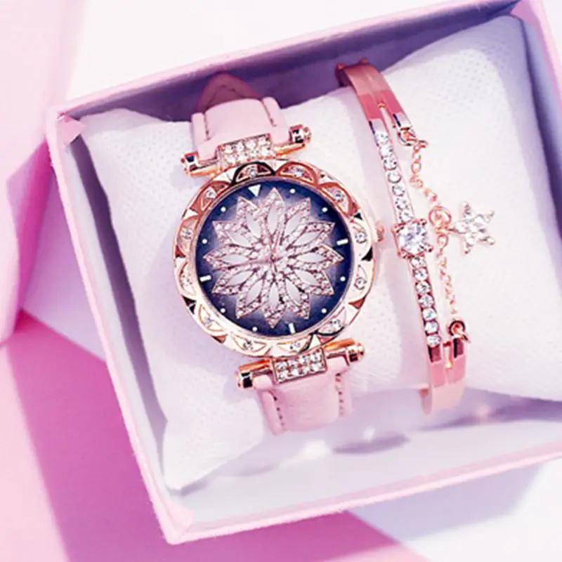 

Женские часы со звездным небом, роскошные часы из розового золота с бриллиантами, женские повседневные кварцевые наручные часы с кожаным ре...