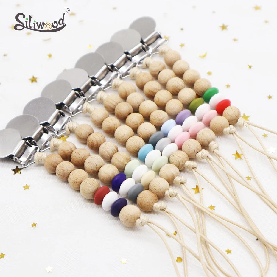 Baby Pacifier Clips Wooden Chain Beads Dummy Soother Clip Holder Nipple Attachment Wood Teether | Мать и ребенок