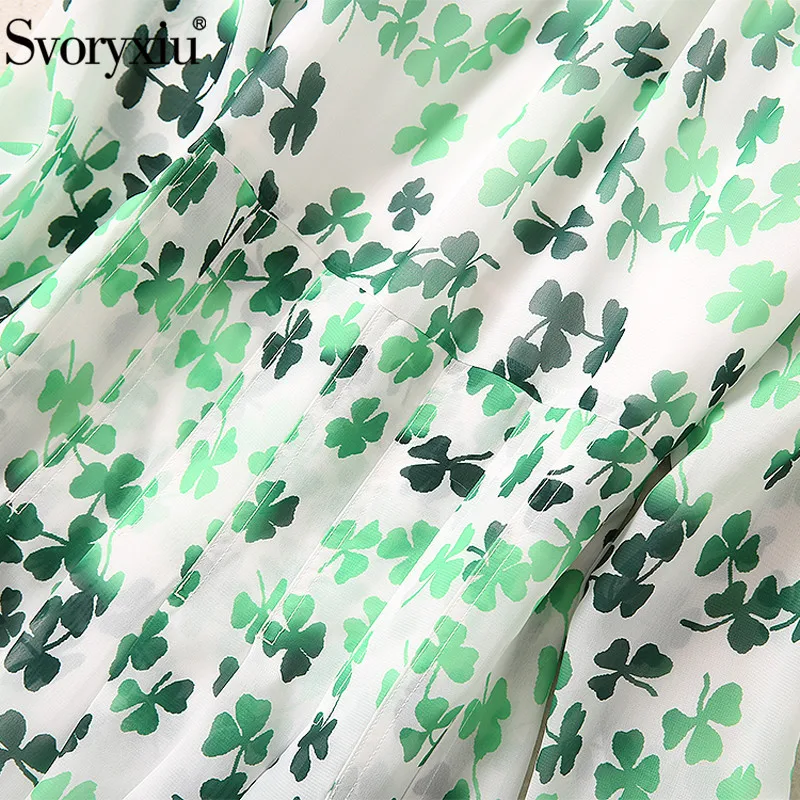 

Svoryxiu 2021 Spring Summer Runway Fashion Midi Dress Women's Elegant Bow Collar Long Sleeve Four Leaf Clover Print Dresses