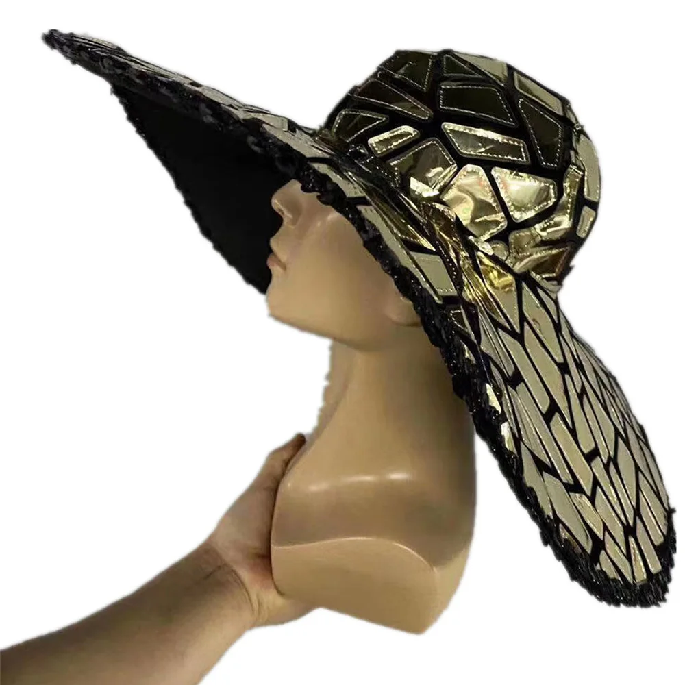 

Fashion Sparkling Sequined Wide Brim Hat Women Jazz Dance Hats Personality Cap Foldable Nightclub DJ Singer Stage Accessories