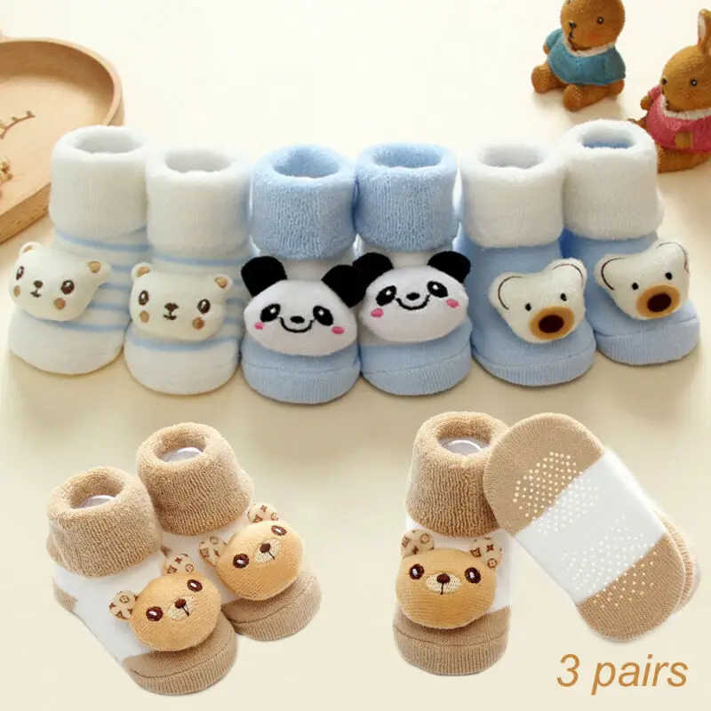 3 Pairs 0-18M Socks Newborn Baby Children Cartoon Girls Boys Anti-Slip Slipper Shoes Boots Autumn Winter | Детская одежда и обувь