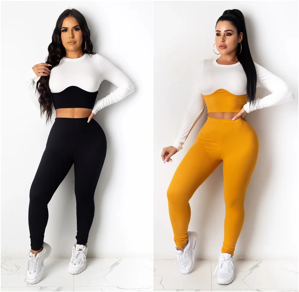 

Костюм Женский Повседневный из двух предметов, Модный облегающий пикантный костюм с длинными рукавами, с круглым вырезом, в стиле пэчворк, д...