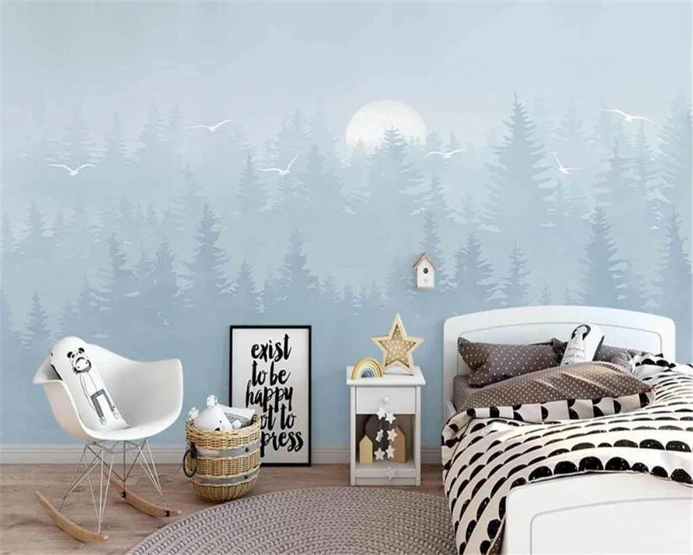 Обои на заказ скандинавские ручная роспись сосновый лес Птицы простой фон для