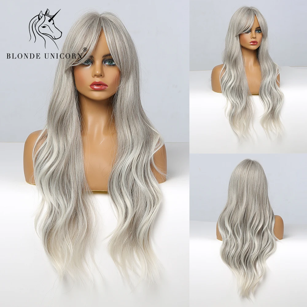 Парики из натуральных волнистых волос Блонд единорог с боковой челкой