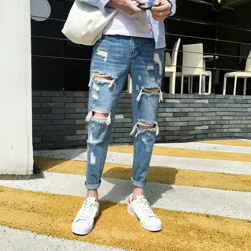 New Skinny Jeans Men Streetwear Destroyed Ripped Jeans Homme Hip Hop Broken Modis Male Pencil Biker Embroidery Patch Pants