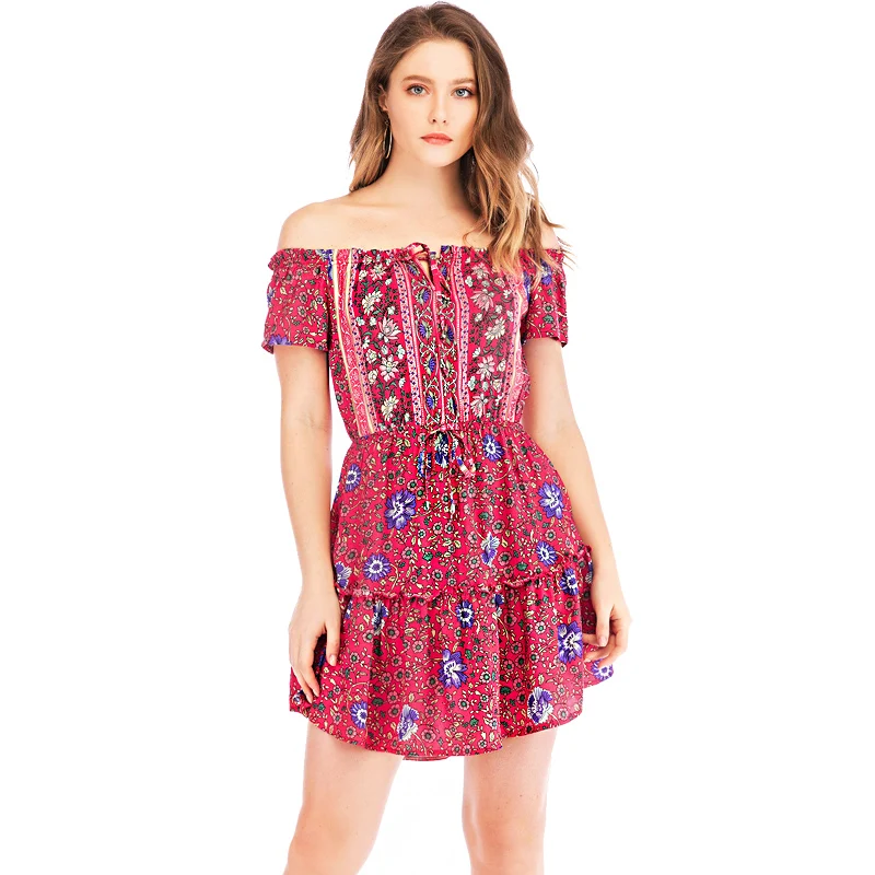 

2021 new Women Floral Wrap Dress Off Shoulder Tie Up Front Ruffle Mini Dress Summer Office Lady Slash Neck Printed Pencil Dress