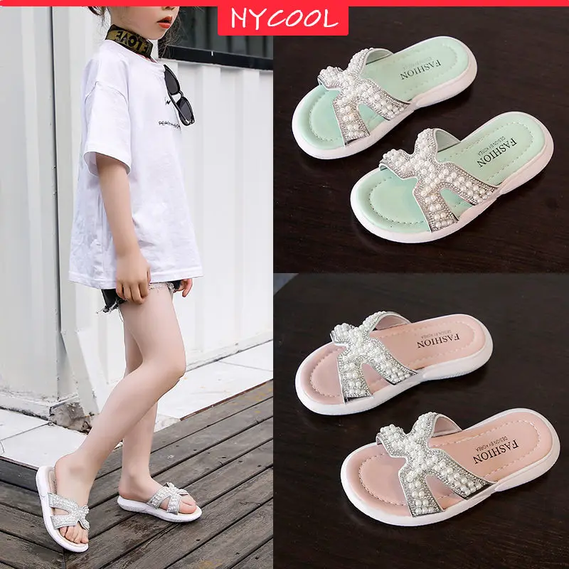 

NYCOOL Fashion Crystal Pearl Girls Princess Shoes Soft Thick Sole Kids House Slippers Summer Beach Shoes Pupil Junior Footwear