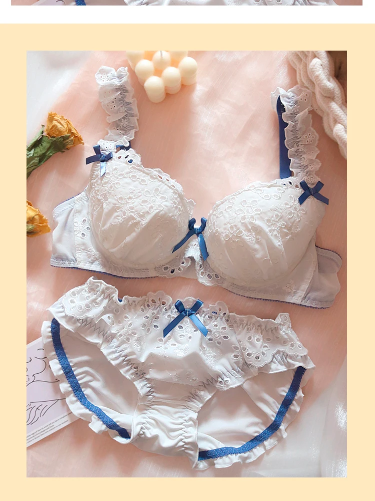 Soft Sister Fresh Lolita Hollow Petals Lace Embroidery Underwear Set Cute Sweet Ruffle Women's White Underwire Bra & Brief Set