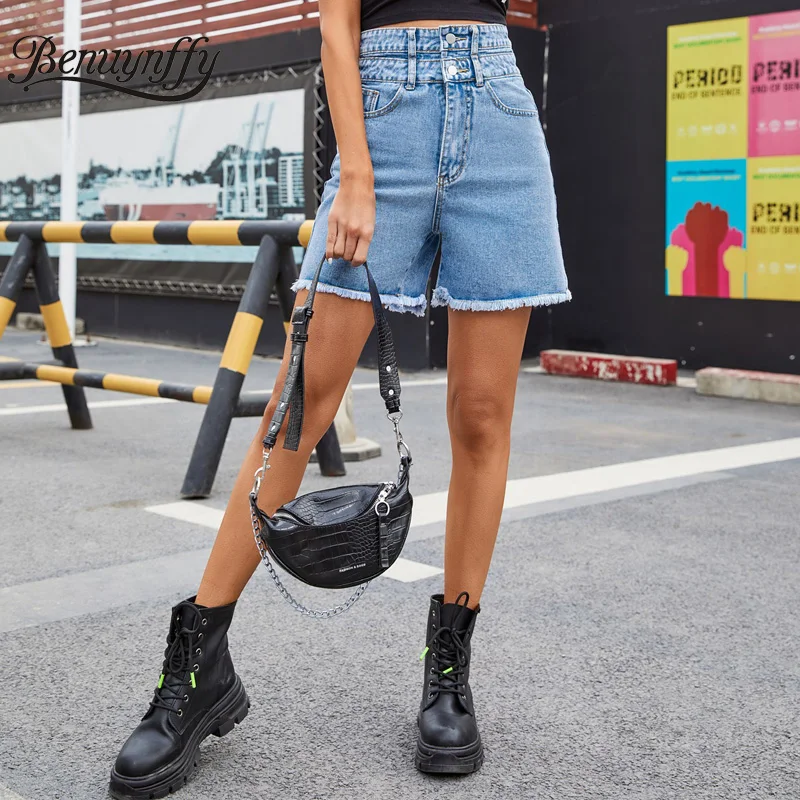 

Benuynffy Vintage Button Fly Denim Shorts Women Summer Street Fashion Casual Woman Shorts 2021 High Waist Straight Jeans Shorts