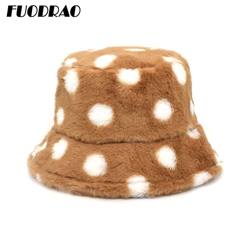 

FUODRAO New Women Faux Fur Bucket Hats Winter Thick Warm Outdoor Panama Dots Print Fisherman Hat Girls Basin Cap M162