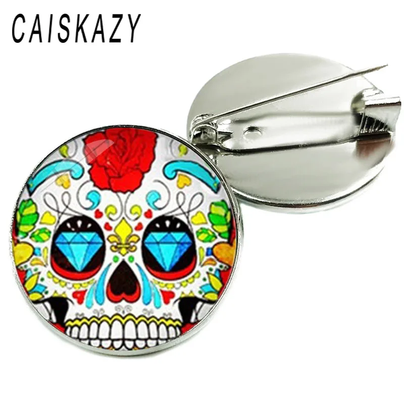 Модный булавка с изображением мексиканского сахарного черепа в стеклянном куполе, винтажные украшения и цветочные булавки на сумку и шляпу с позолоченным воротником для женщин.