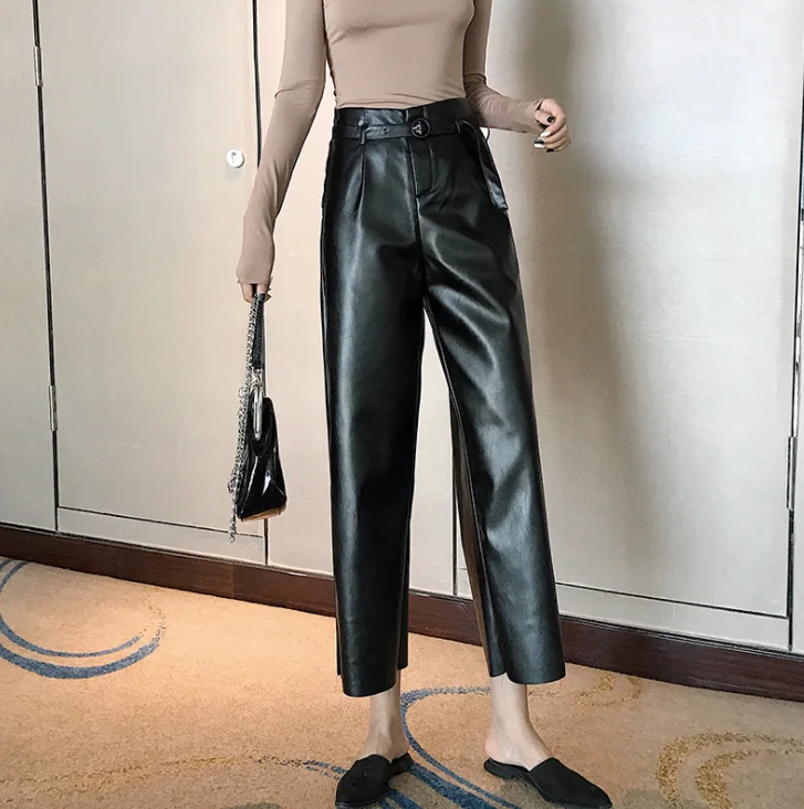 Autumn Faux PU Leather Pants Women With Belt High Waisted Wide Leg Anke-length Women's Trousers 2019 Winter NEW Fashion Clothes |