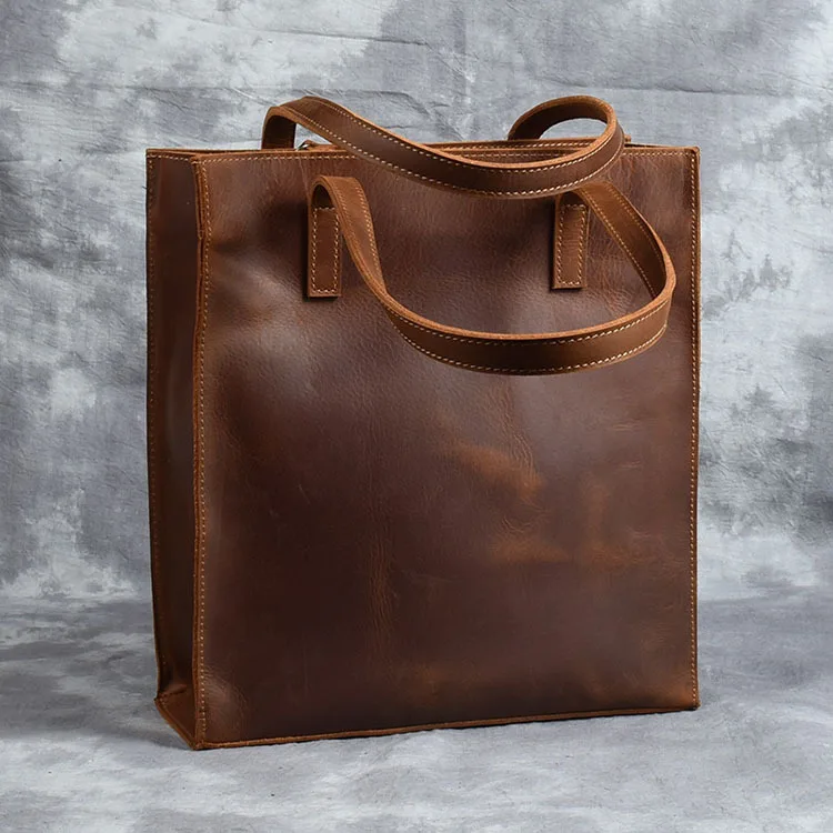 Brown-2 PNDME crazy horse, Воловья кожа, простая женская сумка-тоут, винтажные сумки из натуральной кожи, сумка на плечо, сумка для покупок для женщин - Цвет: Brown-2