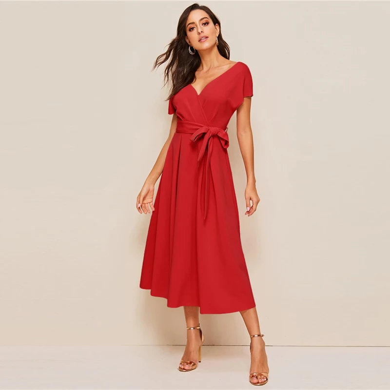SHEIN застежкой-молнией на спине верхняя часть шеи с поясом, платье с пышной юбкой элегантная женская летняя обувь с цветочным рисунком топ с глубоким V-образным вырезом платье с высокой талией