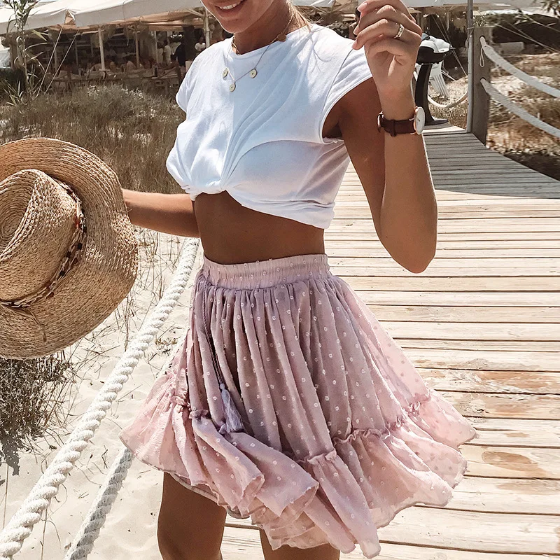 Юбка женская плиссированная в горошек элегантная розовая пляжная юбка-трапеция