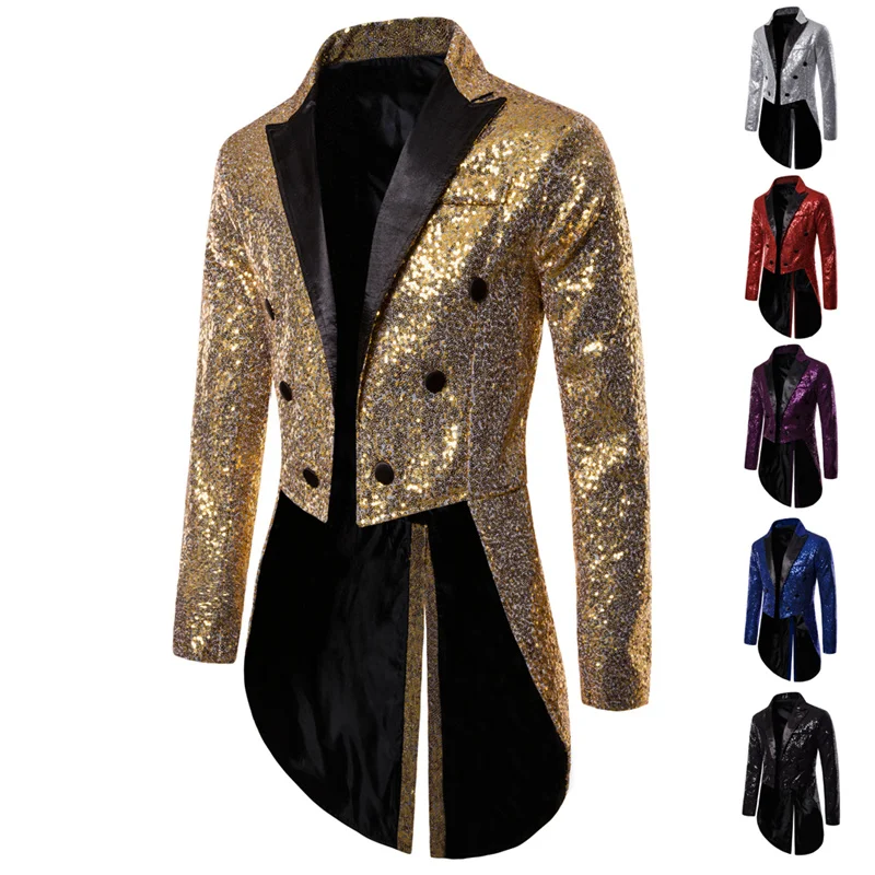 

2022Shiny Gold Sequin Glitter Embellished Blazer Jacket Men Nightclub Prom Suit Blazer Costume Homme Singers Stage Clothes
