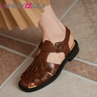 annymoli women gladiator shoes real leather sandals square toe flat shoes chunky heel sheep skin ladies footwear summer black