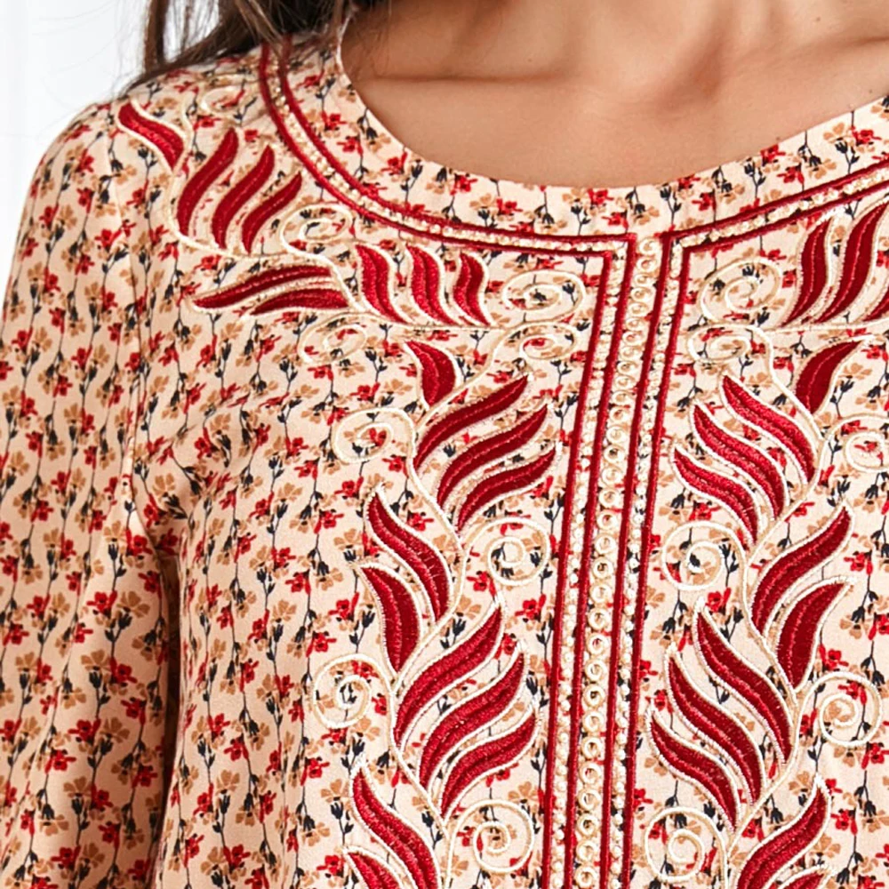 

Embroidery Muslim Women Long Dress Floral Printed Ethnic Vintage Abaya Plus Size Dubai Middle East Turkish Maxi Robe Ramadan New