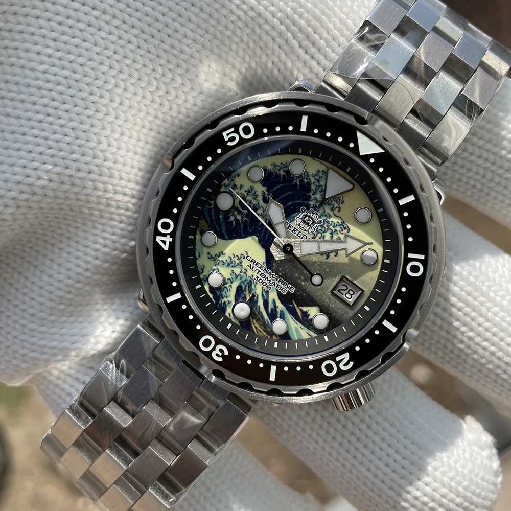 

Мужские водонепроницаемые часы для дайвинга STEELDIVE SD1975J, 300 м, механические наручные часы с тунцем, канагава, океанскими волнами, светящимся ц...