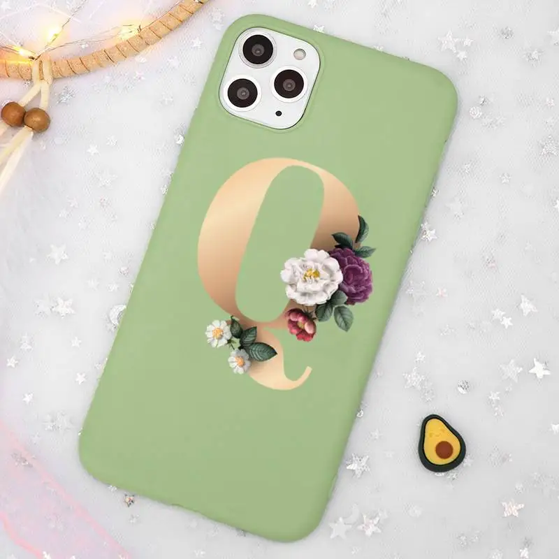 

Vintage Gold Floral Letter Phone Case Candy Color Green for iPhone 11 12 pro XS MAX 8 7 6 6S Plus X SE 2020 XR
