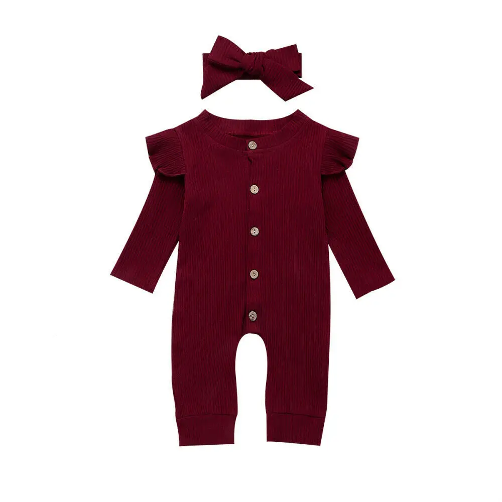 B Wine Red Комбинезон для малышей, зимняя одежда комбинезон с длинными рукавами и оборками для новорожденных девочек, хлопковая модная одежда для маленьких девочек+ повязка на голову, комплект из 2 предметов - Цвет: B Wine Red