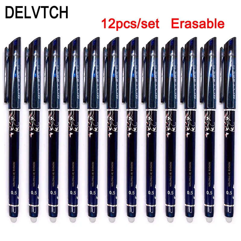 12pcs dark blue Delvitch, 12 шт./набор, стираемая ручка, чернила, 0,5 мм, гелевая ручка, 4 цвета, доступны для детей, подарок для офиса, студента, написание, живопись, канцелярские принадлежности - Цвет: 12pcs dark blue