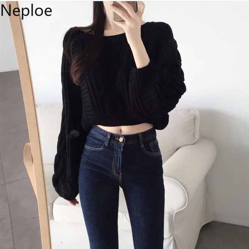 Neploe Pull Femme свободная короткая перекрестная вязка Топы Женские однотонные цветной фонарь свитер с длинными рукавами женские корейские модные новые уличные