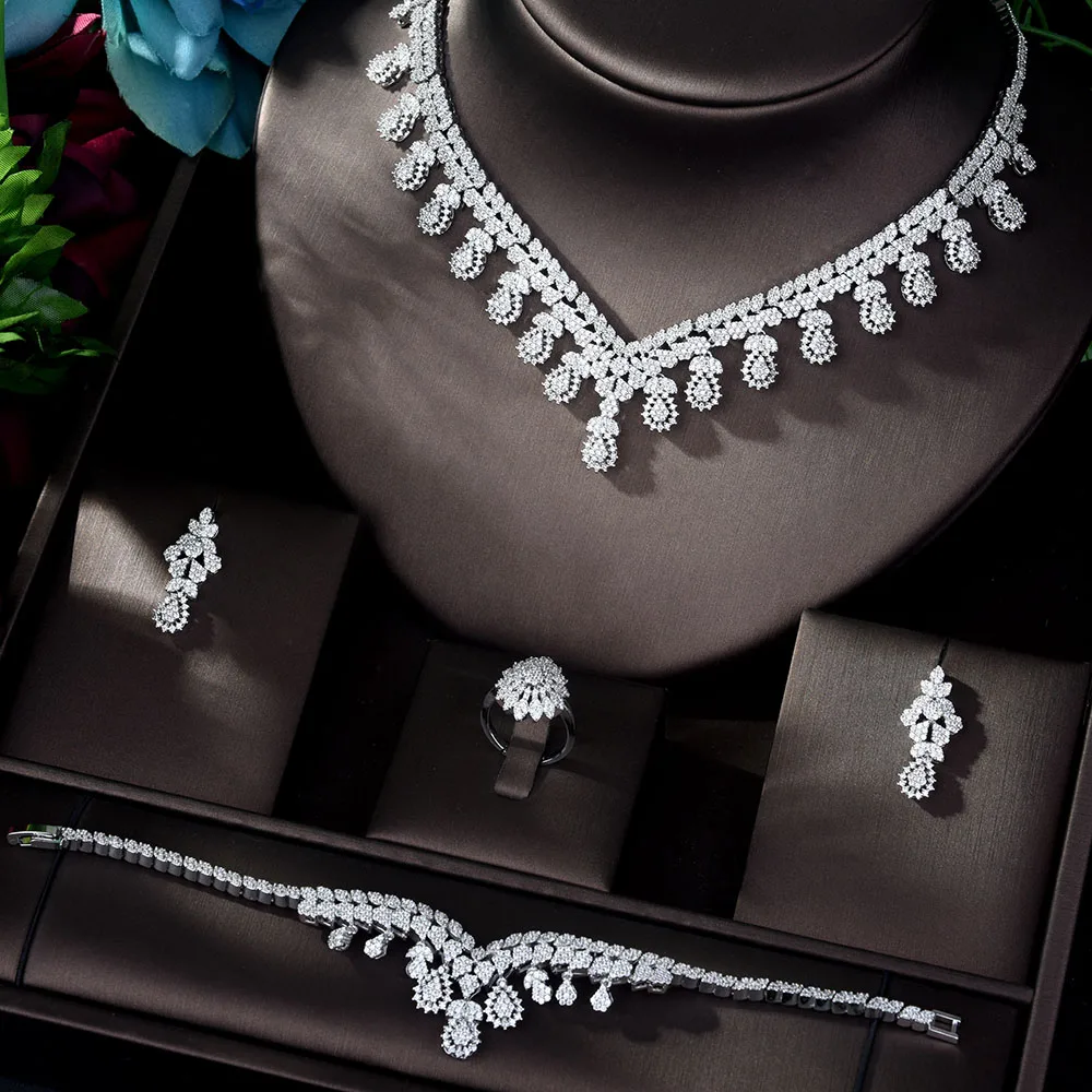 Комплект украшений hiневесты из фианита класса ААА для женщин, свадебное ожерелье, серьги, кольцо, браслет, ювелирные изделия, аксессуары, би...