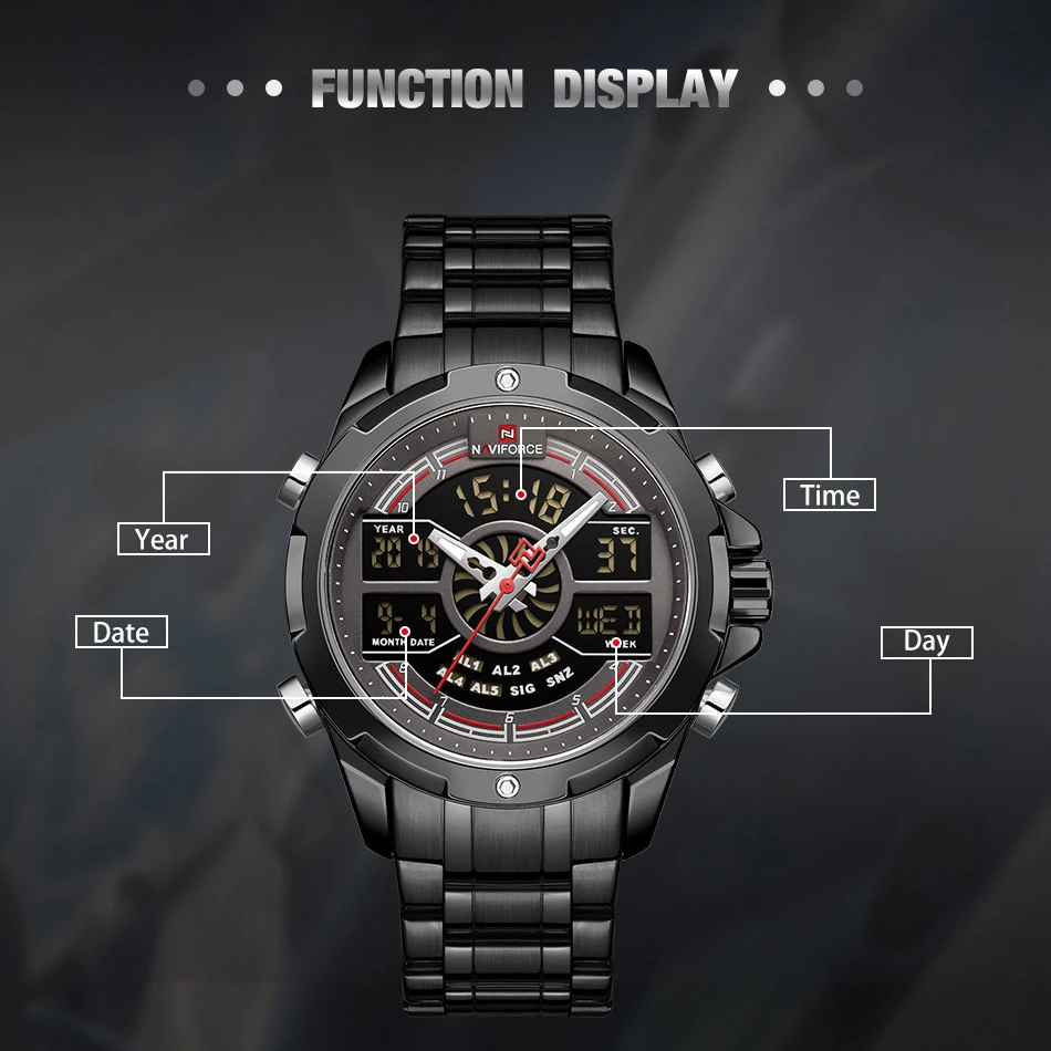 

Top Luxury NAVIFORCE Men Watches Black Stainless Steel Wristwatch Male Clock LED Digital Quartz Waterproof Watch Reloj Hombre