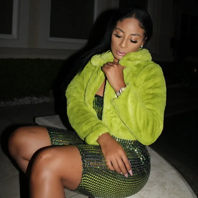Winter Fluffy Fur Coats Jackets 2021 Women Fashion Luxurious Furry Fur Cropped Jacket Turn Down Collar Thick Warm Overcoat Green