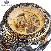 forsining luxury men automatic mechanical wristwatch waterproof stainless steel diamond watch golden mens clock vintage reloj