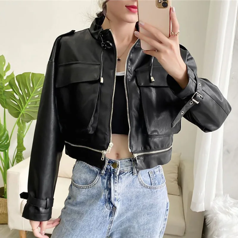 

2021 New Autumn Spring Fashion Casual Long Sleeve Solid Color Stitched Zipper Slim Leather Coat Women Short PU Jacket