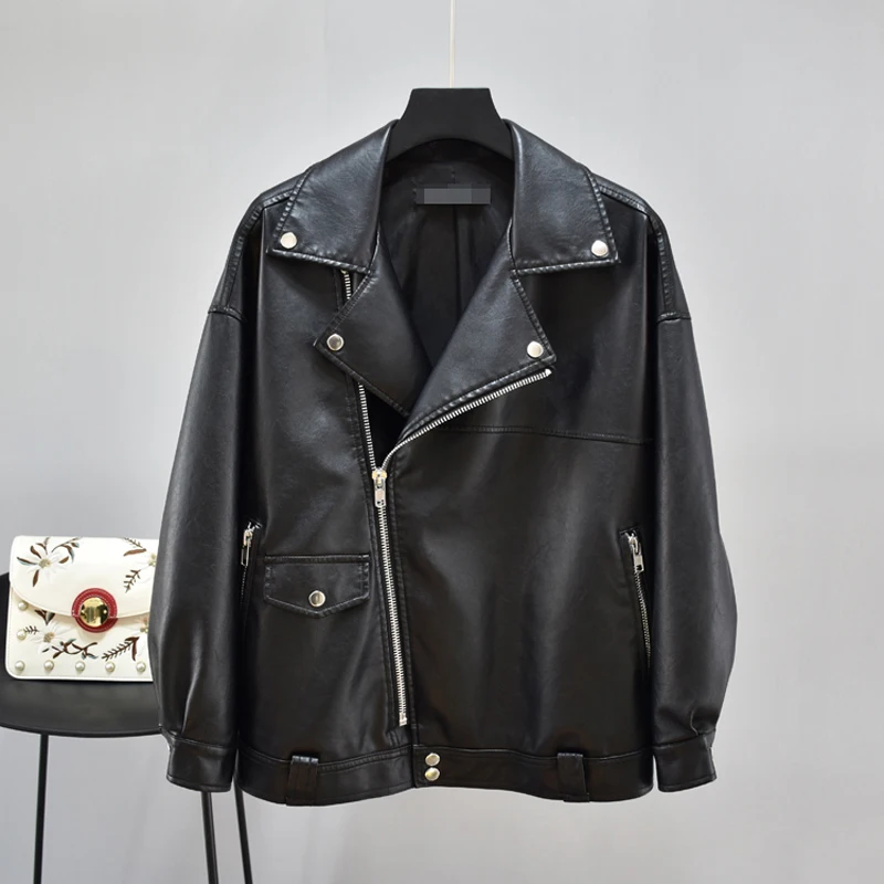 Кожаная куртка Женское пальто раннее мотоциклетное женское базовое свободное