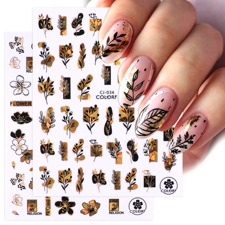 

Новые лазерные блестящие черные золотые наклейки для ногтей новогодний дизайн листья Цветок Трава лицо нажмите на ногти изображение слайд...