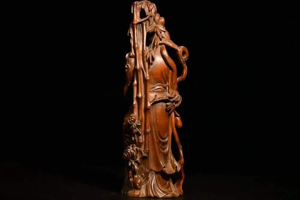 

8" China Lucky Seikos Boxwood Classical beauty statue Beauty bamboo wood carving Classical Chinese Women Images