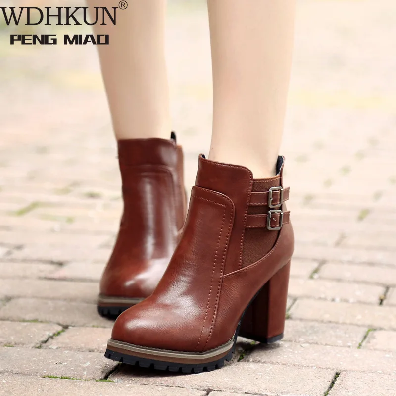 

2021 Spring Fashion Women Martin Boots Women Ankle Boot Zipper High Hoof Heel Buckle Punk Motorcycle Boots Shoes Woman Black