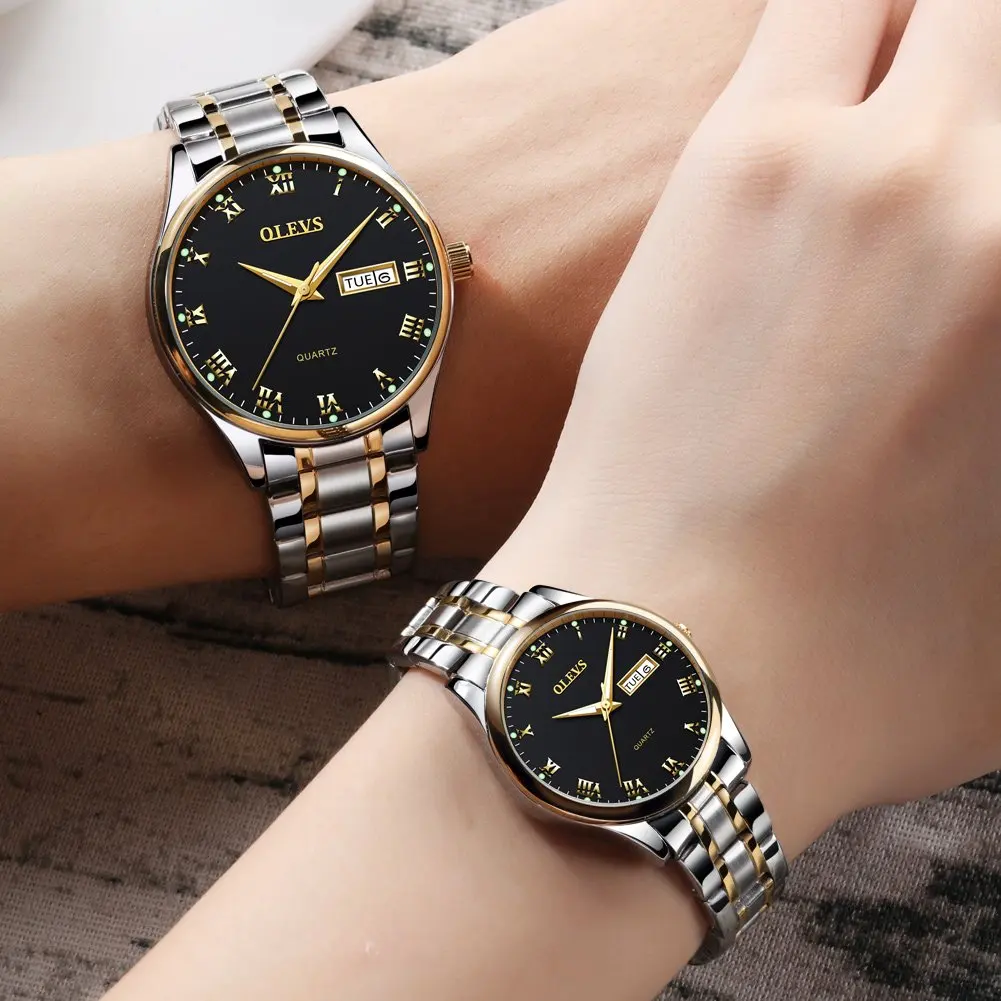 OLEVS Couple Watch Two Tone Stainless Steel Band Fashion Waterproof His and Her Quartz Wristwatch Set for Lovers One Pair