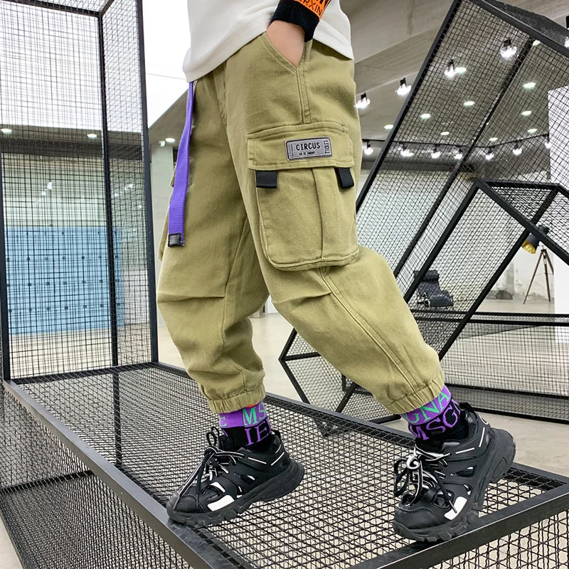 

Green Cargo Pants For Teen Boys New Fashion Fall Streetwear Hip Hop Sweatpants Kids Elastic Waist Trousers 6 8 10 12 14 Year