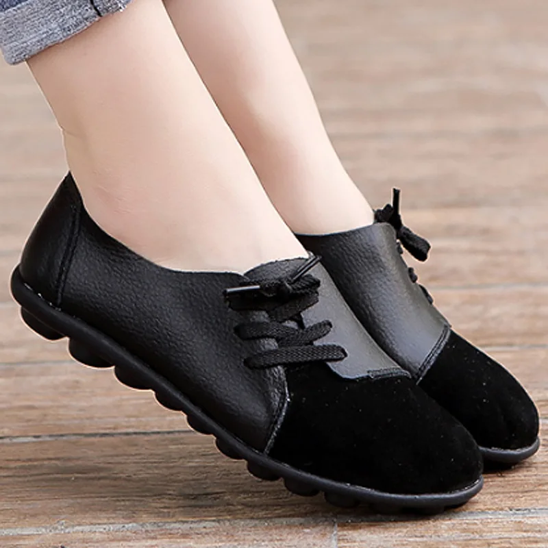 

Women Flat Shoes Patchwork Suede Genuine Leather Shoes Women 2019 Female Boat Shoes Size 4.5-12 Leisure Black/White 9 colors