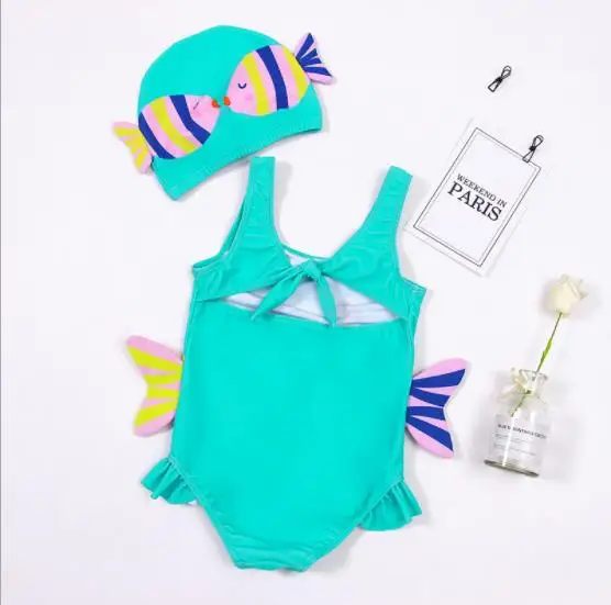 

Sweet Swimsuit Suit for Little Girls Summer Breathable Children Cute Cartoon Fish Print Lace Sleeveless Swimsuit + Swimming Cap