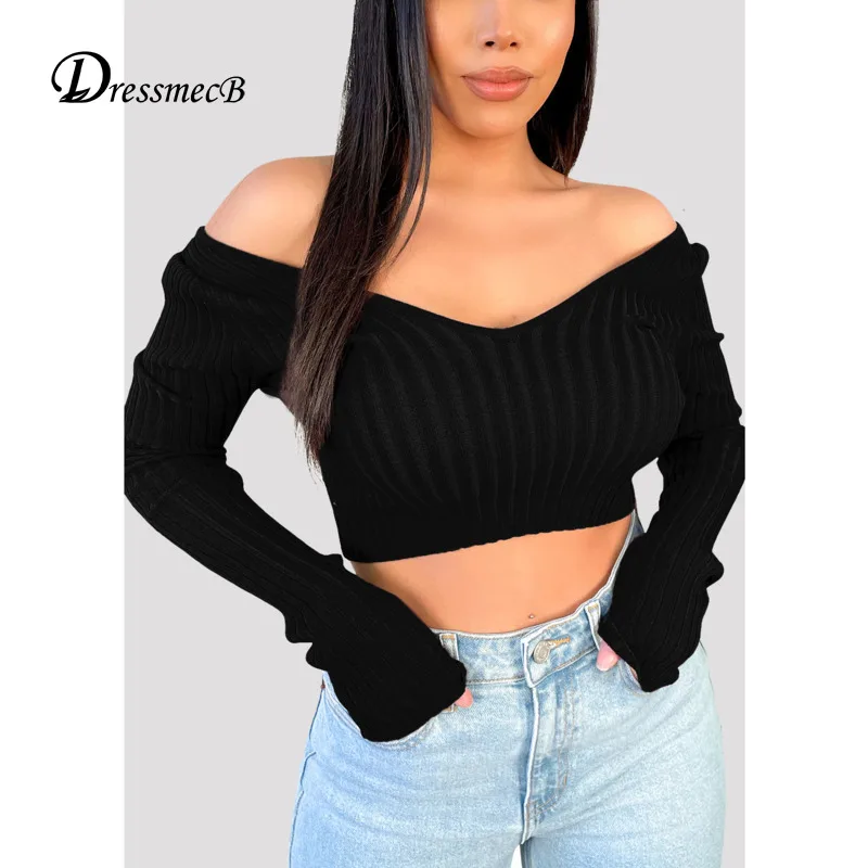 

Dressmecb Knitted Black T Shirts Women Clothing Off Shoulder Solid Casual Tank Female Streetwear Sheath Long Sleeves Autumn Cami